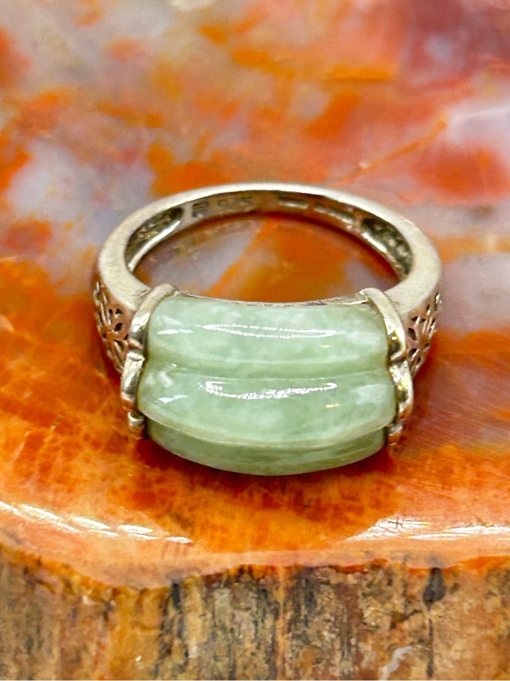 Sterling Silver Green Jade Ring - Size 6.5
